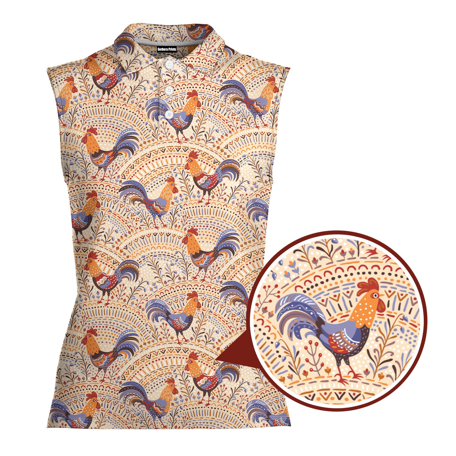 Chicken Roosters In Floral Ornament On A Beige Native Pattern-Women Sleeveless Polo Shirt-Gerbera Prints