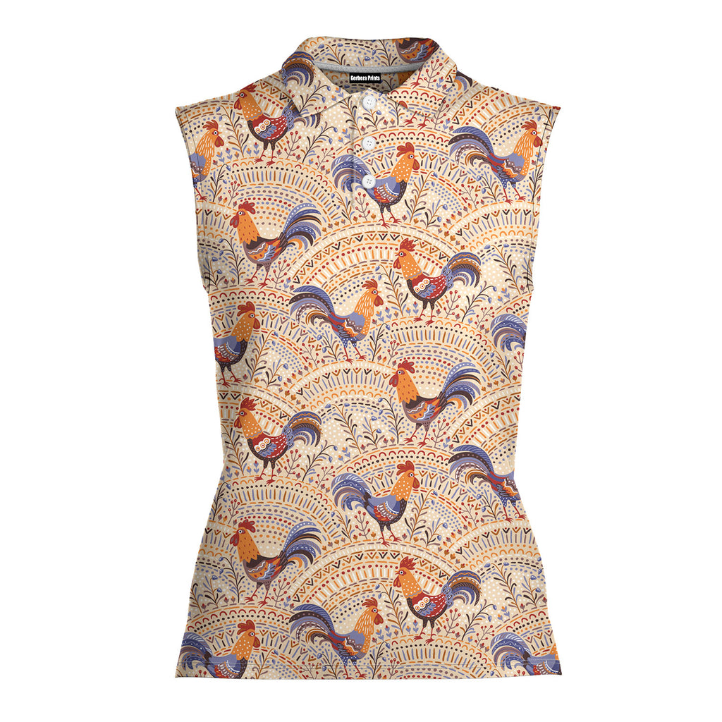Chicken Roosters In Floral Ornament On A Beige Native Pattern-Women Sleeveless Polo Shirt-Gerbera Prints