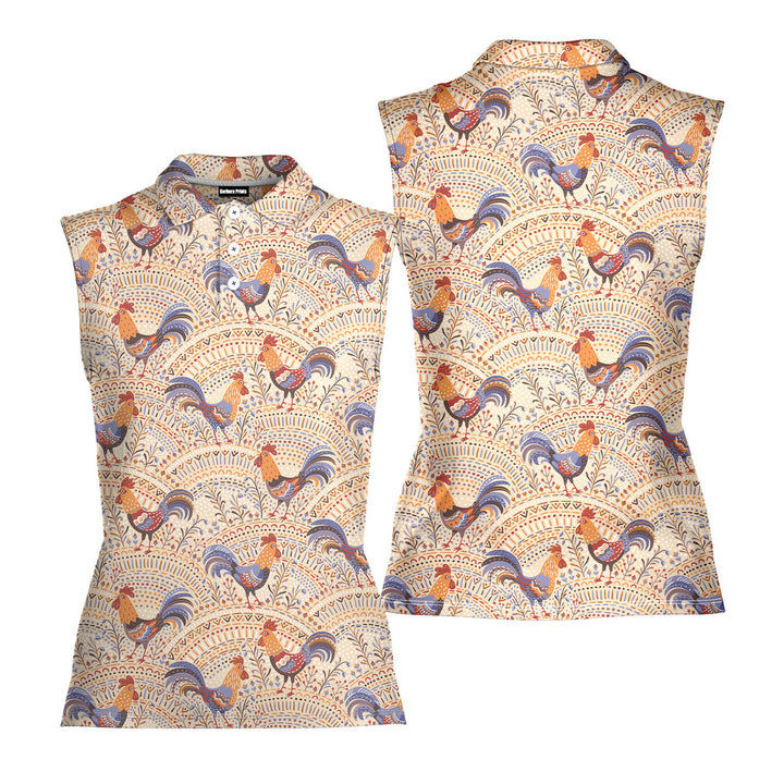 Chicken Roosters In Floral Ornament On A Beige Native Pattern - Ladies Sleeveless Golf Polo Shirt