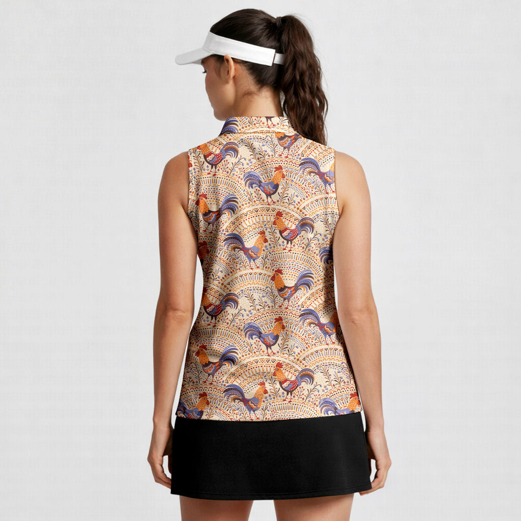 Chicken Roosters In Floral Ornament On A Beige Native Pattern-Women Sleeveless Polo Shirt-Gerbera Prints