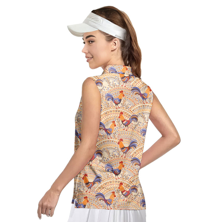 Chicken Roosters In Floral Ornament On A Beige Native Pattern - Ladies Sleeveless Golf Polo Shirt