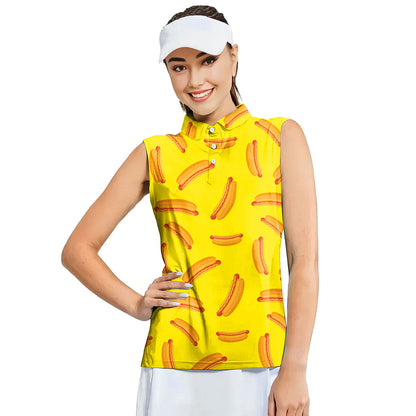 Hot Dog On Yellow - Ladies Sleeveless Golf Polo Shirt 