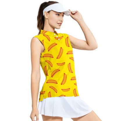 Hot Dog On Yellow - Ladies Sleeveless Golf Polo Shirt 