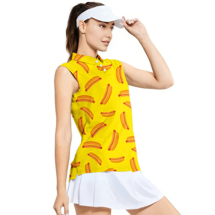Hot Dog On Yellow - Ladies Sleeveless Golf Polo Shirt 