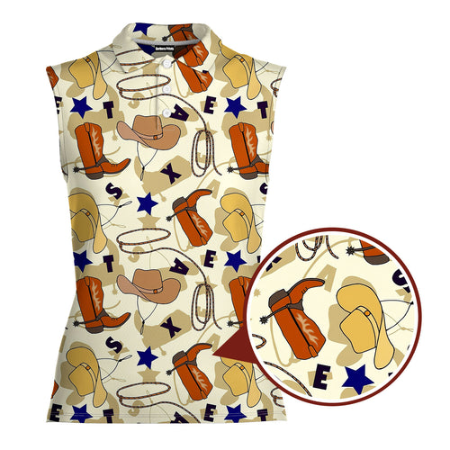 Texas Cowboy Boots Hat Rope Lasso-Women Sleeveless Polo Shirt-Gerbera Prints
