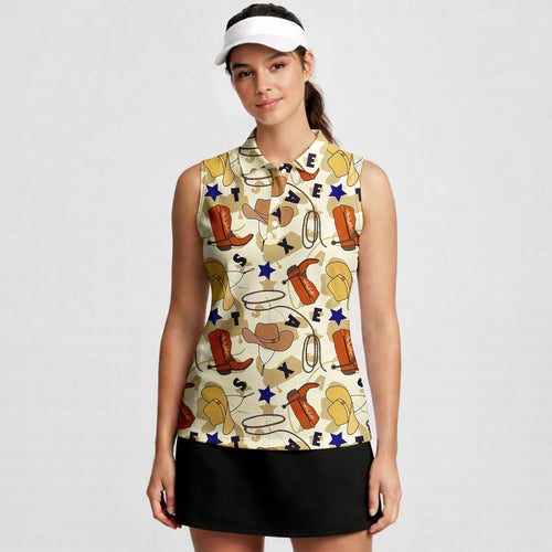 Texas Cowboy Boots Hat Rope Lasso-Women Sleeveless Polo Shirt-Gerbera Prints