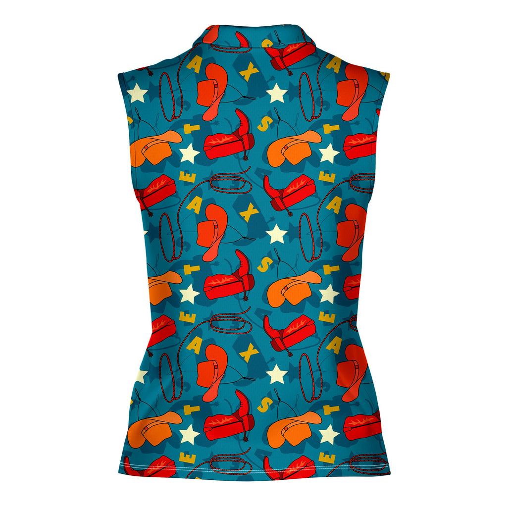 Texas Cowboy Style Green-Women Sleeveless Polo Shirt-Gerbera Prints