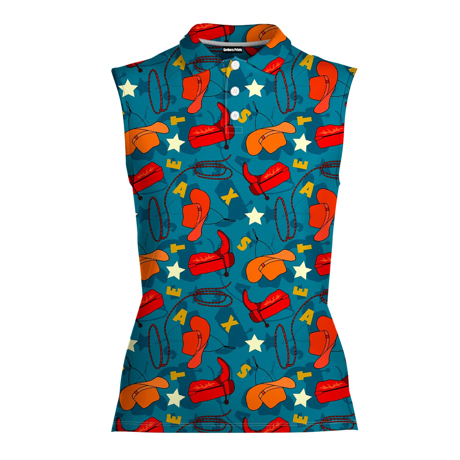 Texas Cowboy Style Green-Women Sleeveless Polo Shirt-Gerbera Prints