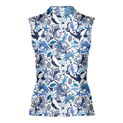 Life Of Ocean With Whales Crabs And Lobsters - Ladies Sleeveless Golf Polo Shirt