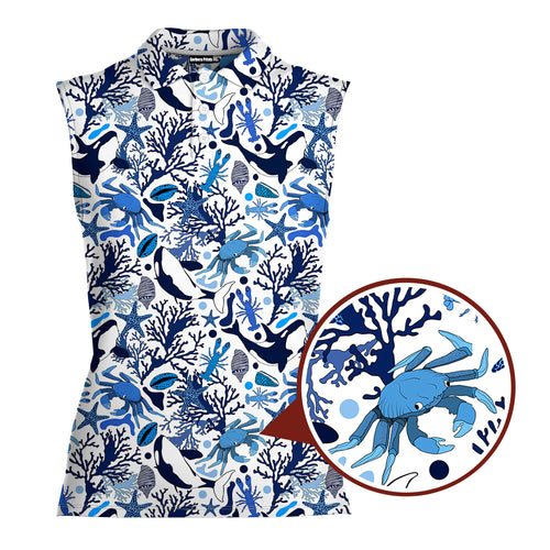 Life Of Ocean With Whales Crabs And Lobsters-Women Sleeveless Polo Shirt-Gerbera Prints