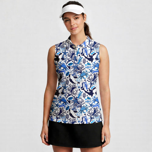 Life Of Ocean With Whales Crabs And Lobsters-Women Sleeveless Polo Shirt-Gerbera Prints