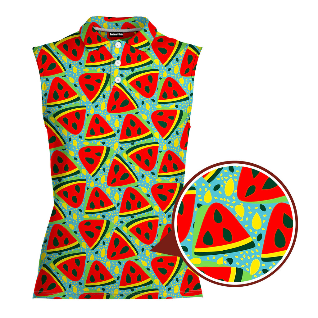 Watermelon Summer Fruit-Women Sleeveless Polo Shirt-Gerbera Prints