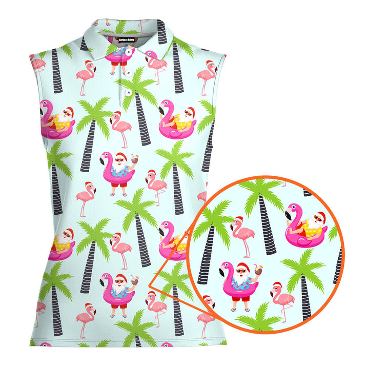 Amazing Santa Claus Flamingo On The Beach - Ladies Sleeveless Golf Polo Shirt