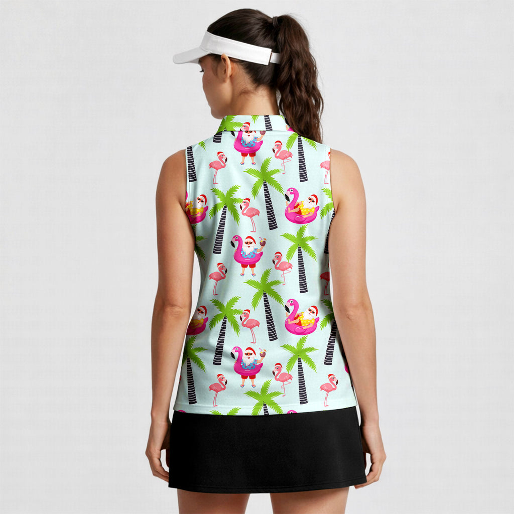 Amazing Santa Claus Flamingo On The Beach-Women Sleeveless Polo Shirt-Gerbera Prints