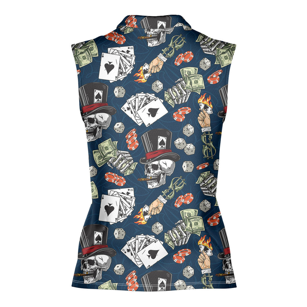 Lucky Dice Skull Aloha-Women Sleeveless Polo Shirt-Gerbera Prints