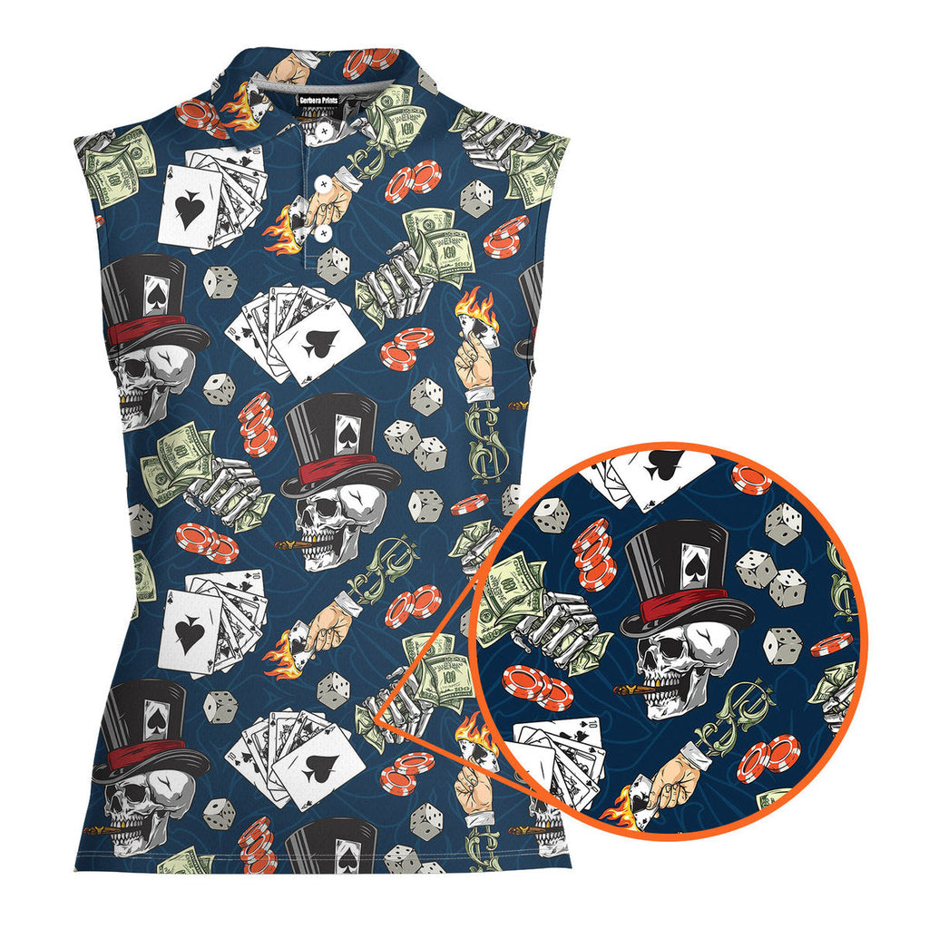 Lucky Dice Skull Aloha-Women Sleeveless Polo Shirt-Gerbera Prints