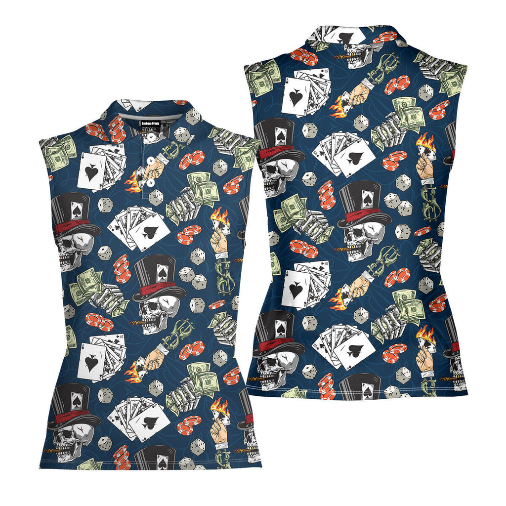 Lucky Dice Skull Aloha-Women Sleeveless Polo Shirt-Gerbera Prints