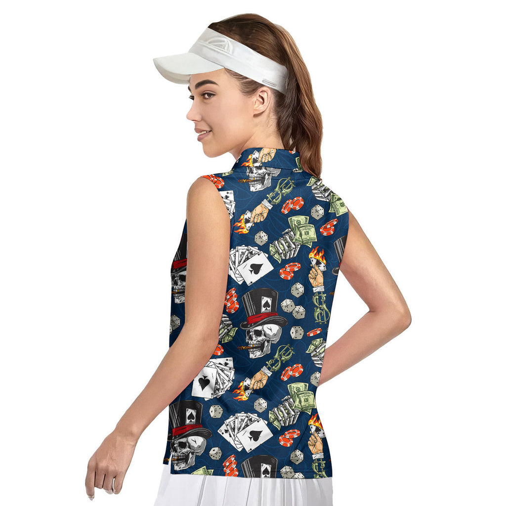 Lucky Dice Skull Aloha-Women Sleeveless Polo Shirt-Gerbera Prints