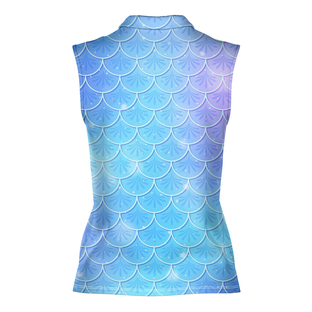 Blue Holographic Mermaid Scales-Women Sleeveless Polo Shirt-Gerbera Prints