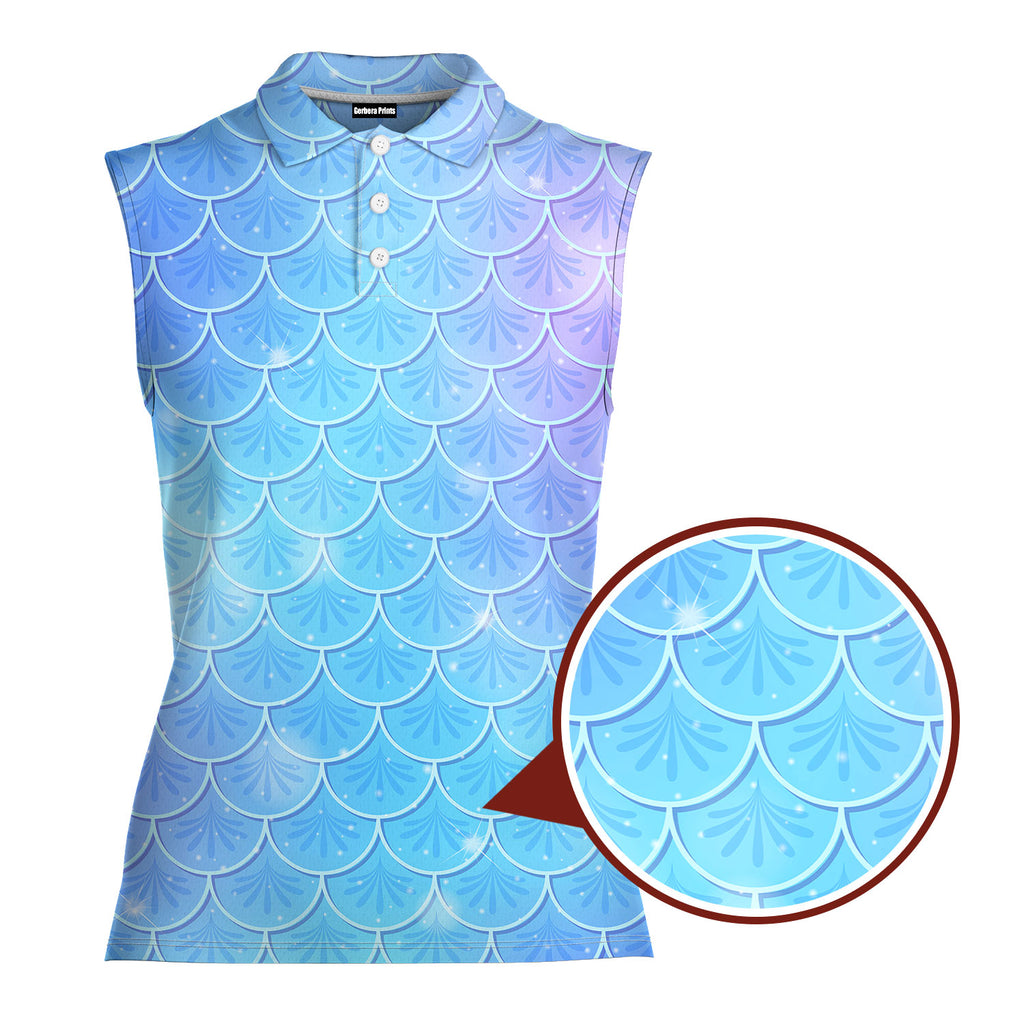 Blue Holographic Mermaid Scales-Women Sleeveless Polo Shirt-Gerbera Prints