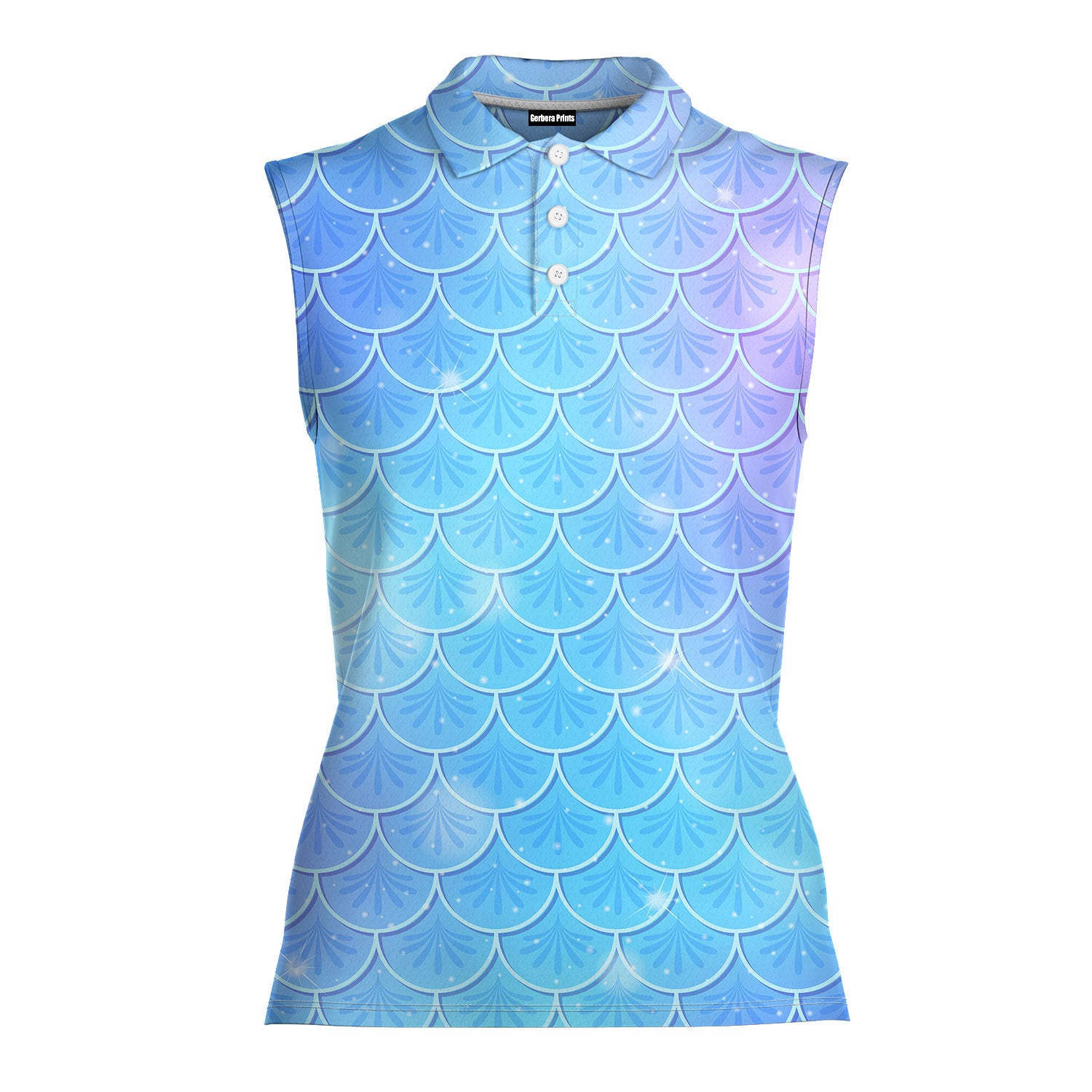Blue Holographic Mermaid Scales-Women Sleeveless Polo Shirt-Gerbera Prints