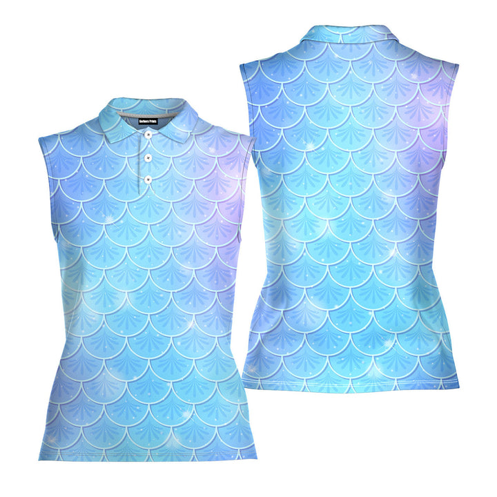 Blue Holographic Mermaid Scales - Ladies Sleeveless Golf Polo Shirt