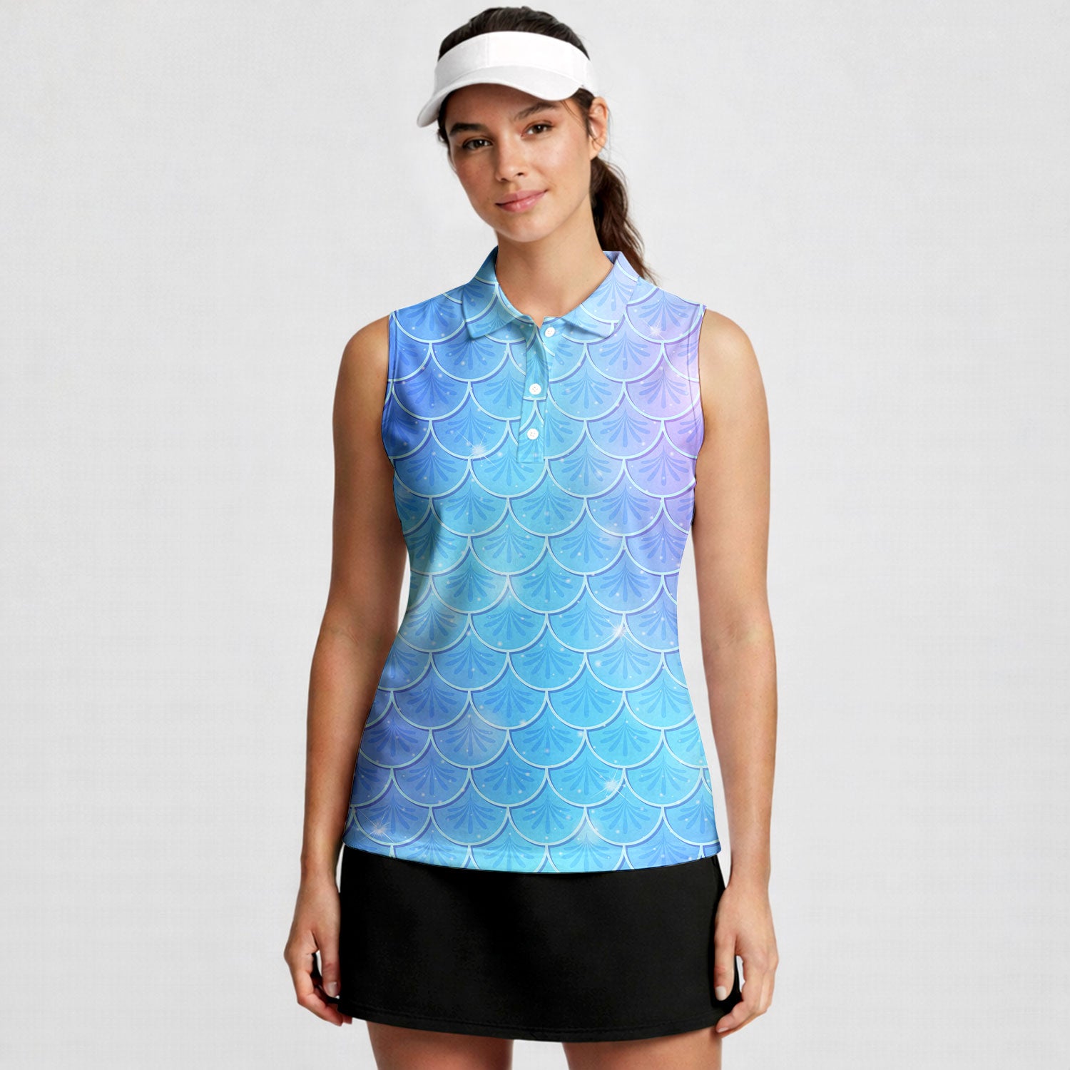 Blue Holographic Mermaid Scales-Women Sleeveless Polo Shirt-Gerbera Prints