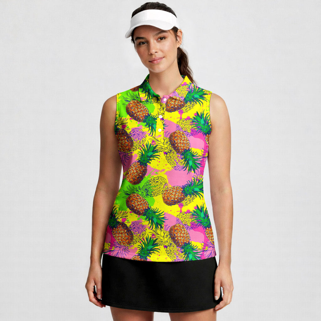 Pineapple Colorful-Women Sleeveless Polo Shirt-Gerbera Prints