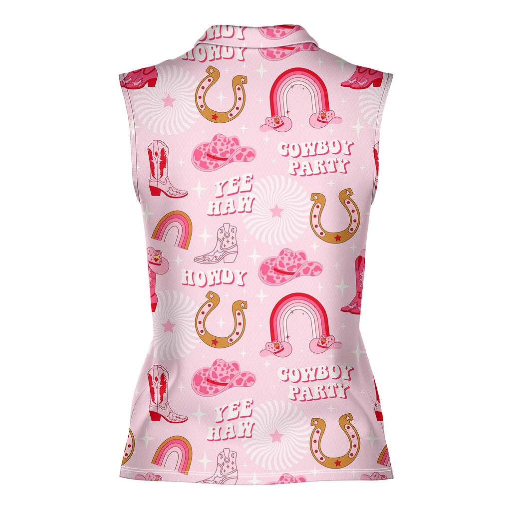 Rodeo Cowgirl Retro Horseshoe Cactus Pink-Women Sleeveless Polo Shirt-Gerbera Prints