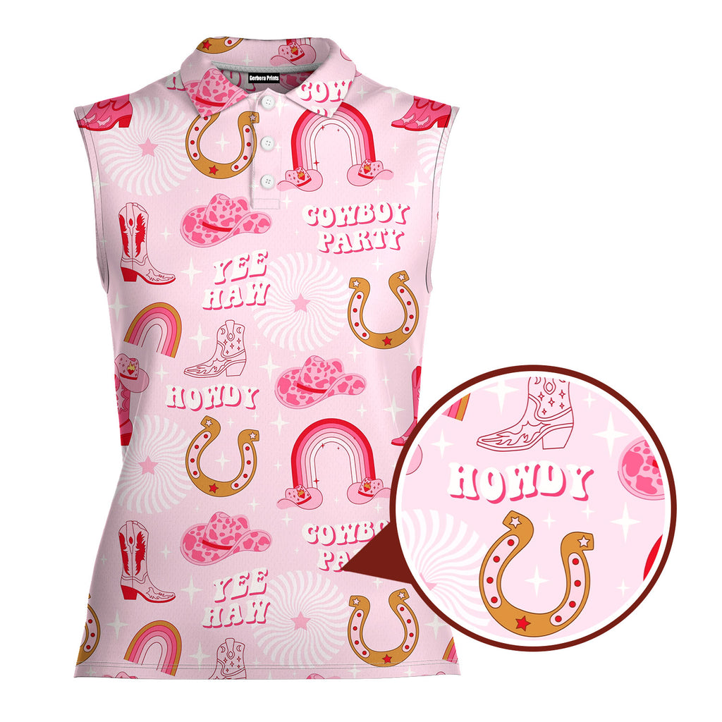 Rodeo Cowgirl Retro Horseshoe Cactus Pink-Women Sleeveless Polo Shirt-Gerbera Prints