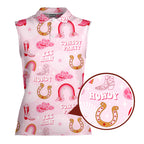 Rodeo Cowgirl Retro Horseshoe Cactus Pink-Women Sleeveless Polo Shirt-Gerbera Prints