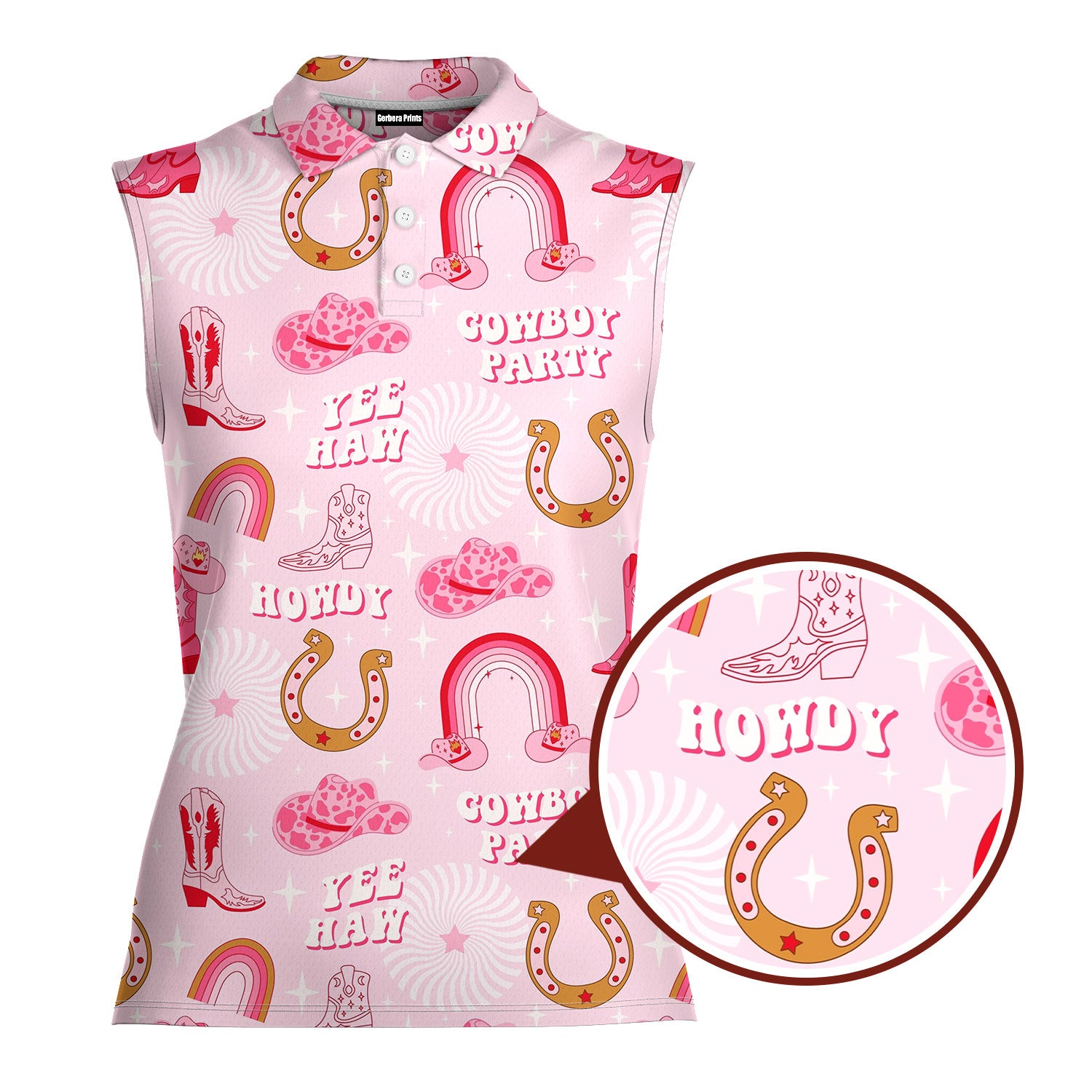 Rodeo Cowgirl Retro Horseshoe Cactus Pink-Women Sleeveless Polo Shirt-Gerbera Prints
