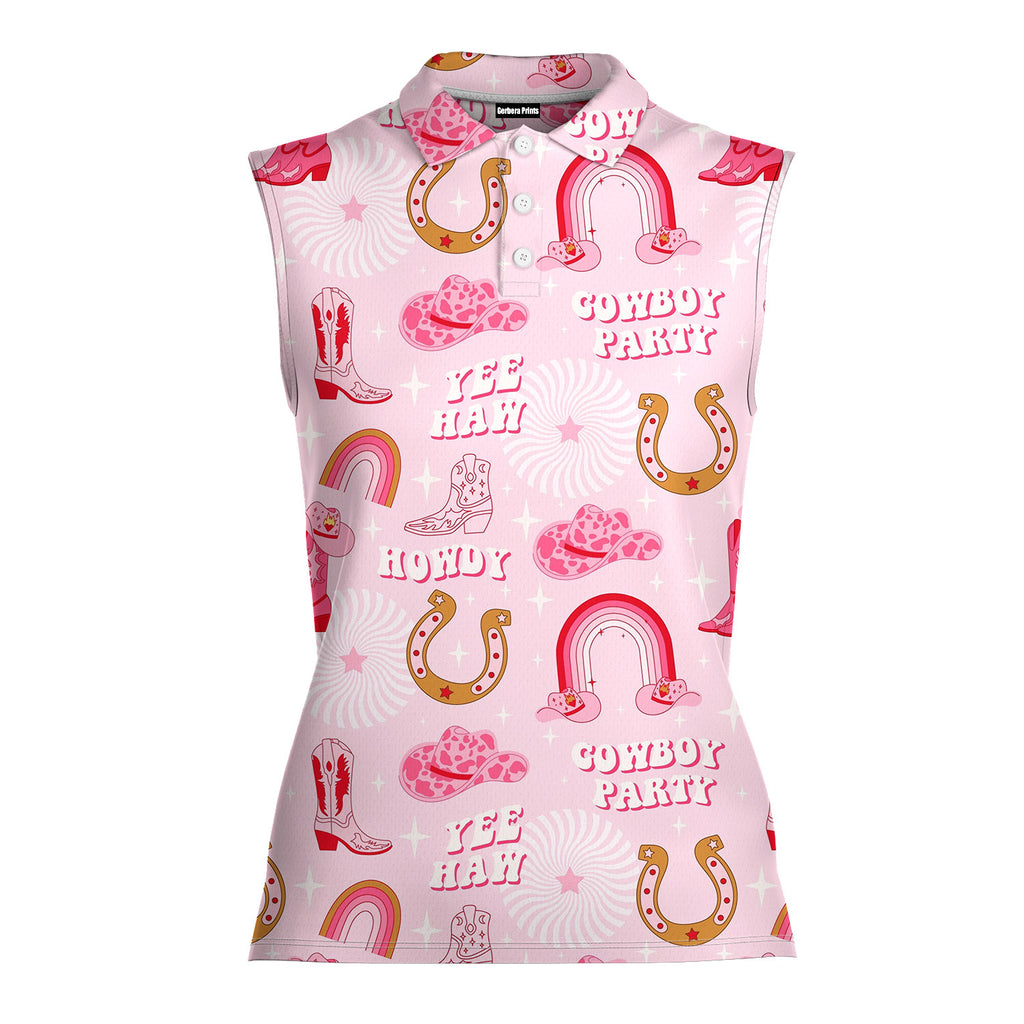 Rodeo Cowgirl Retro Horseshoe Cactus Pink-Women Sleeveless Polo Shirt-Gerbera Prints