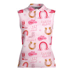 Rodeo Cowgirl Retro Horseshoe Cactus Pink-Women Sleeveless Polo Shirt-Gerbera Prints