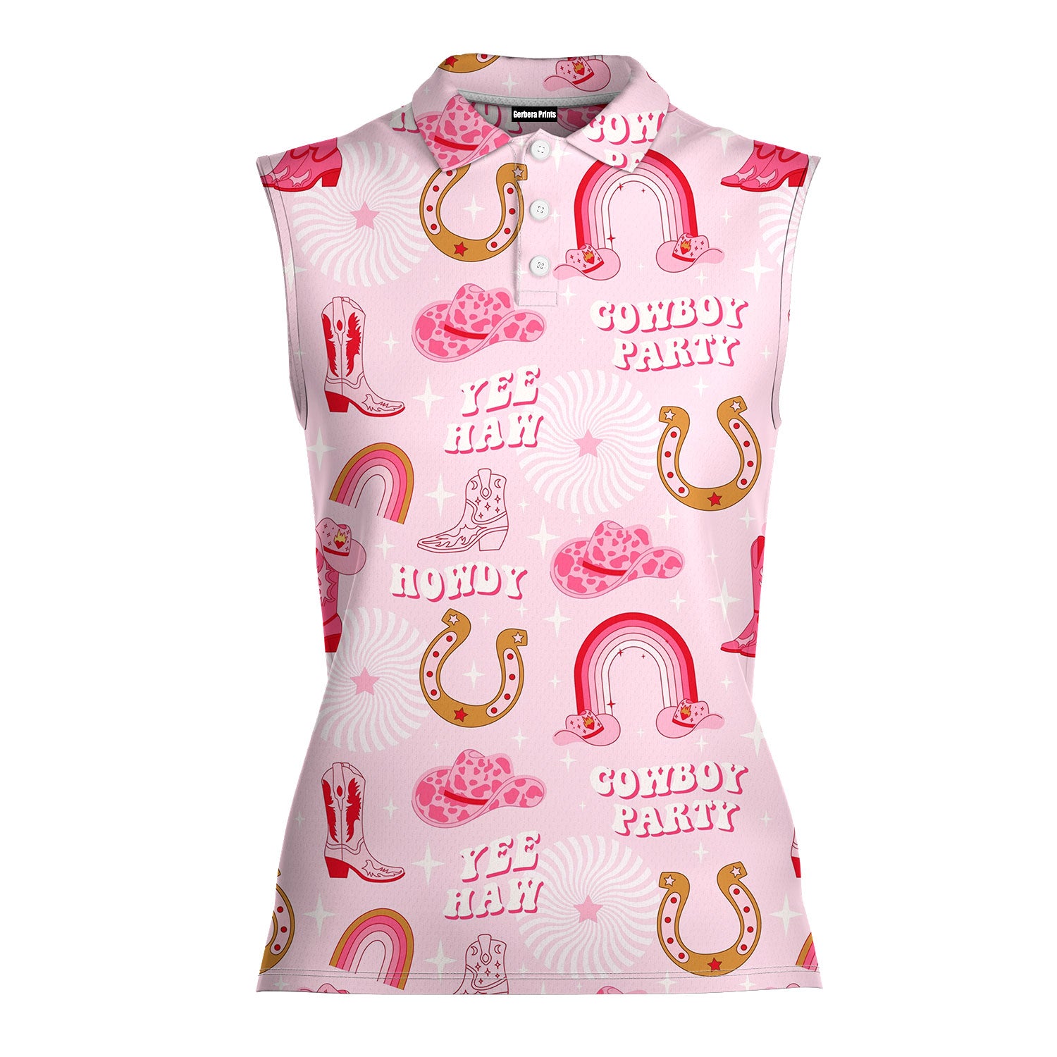 Rodeo Cowgirl Retro Horseshoe Cactus Pink-Women Sleeveless Polo Shirt-Gerbera Prints