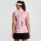 Rodeo Cowgirl Retro Horseshoe Cactus Pink-Women Sleeveless Polo Shirt-Gerbera Prints