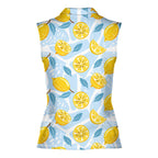 Blue Tropical Fresh Lemon With Mint Leaves-Women Sleeveless Polo Shirt-Gerbera Prints