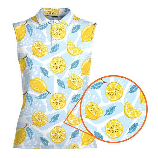 Blue Tropical Fresh Lemon With Mint Leaves - Ladies Sleeveless Golf Polo Shirt