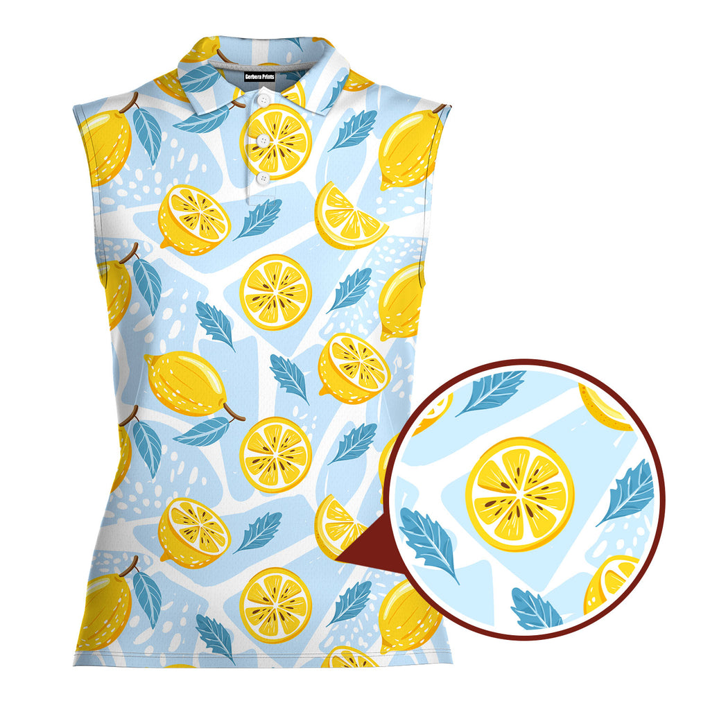 Blue Tropical Fresh Lemon With Mint Leaves-Women Sleeveless Polo Shirt-Gerbera Prints