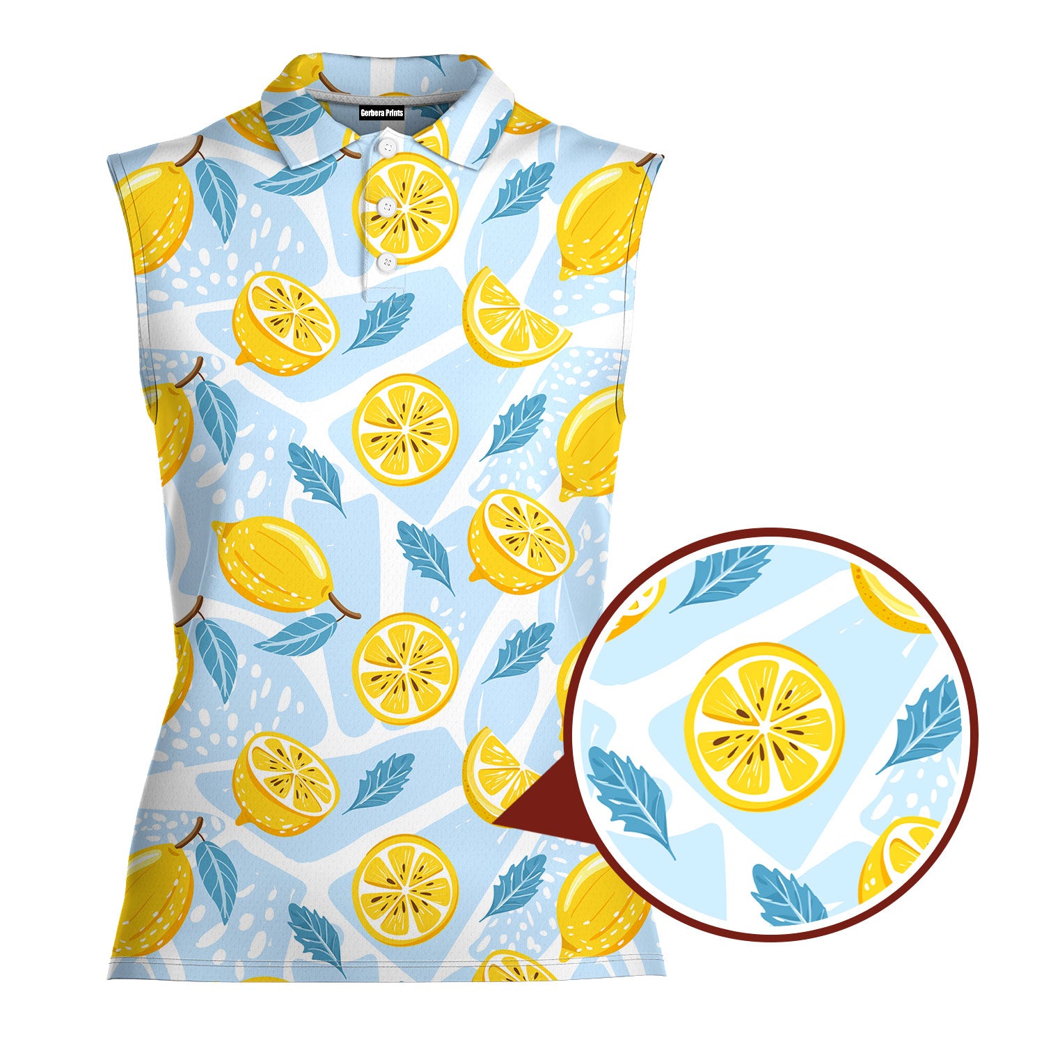 Blue Tropical Fresh Lemon With Mint Leaves-Women Sleeveless Polo Shirt-Gerbera Prints