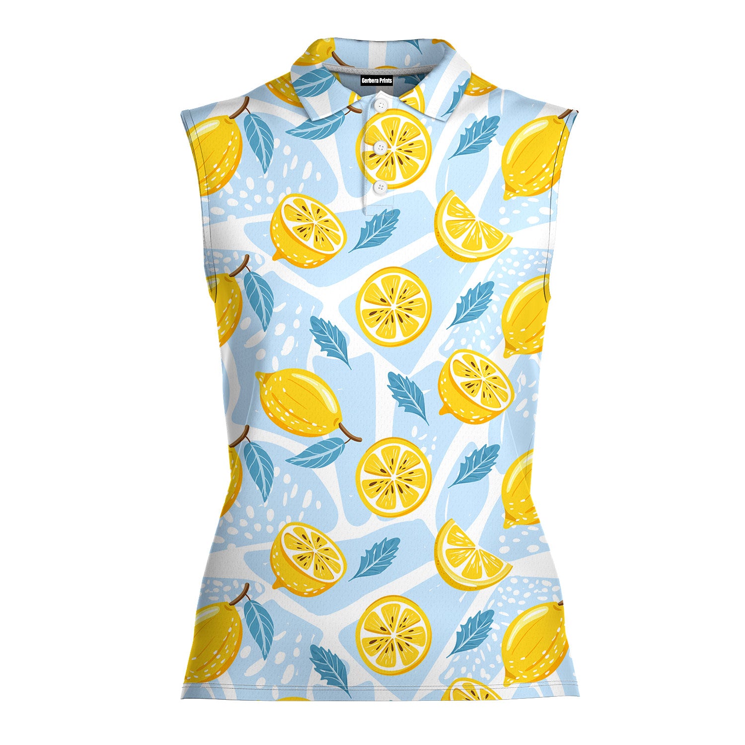 Blue Tropical Fresh Lemon With Mint Leaves-Women Sleeveless Polo Shirt-Gerbera Prints