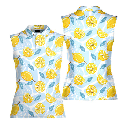 Blue Tropical Fresh Lemon With Mint Leaves - Ladies Sleeveless Golf Polo Shirt