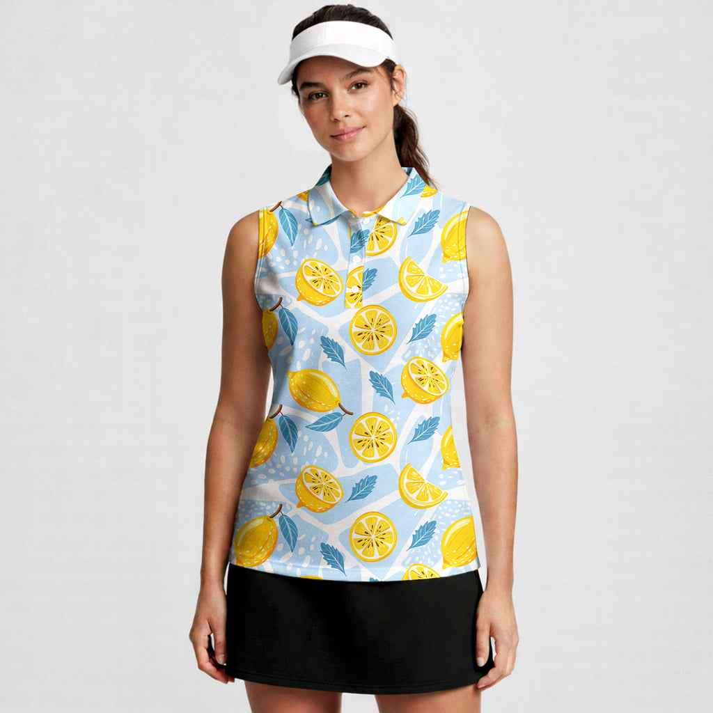 Blue Tropical Fresh Lemon With Mint Leaves-Women Sleeveless Polo Shirt-Gerbera Prints
