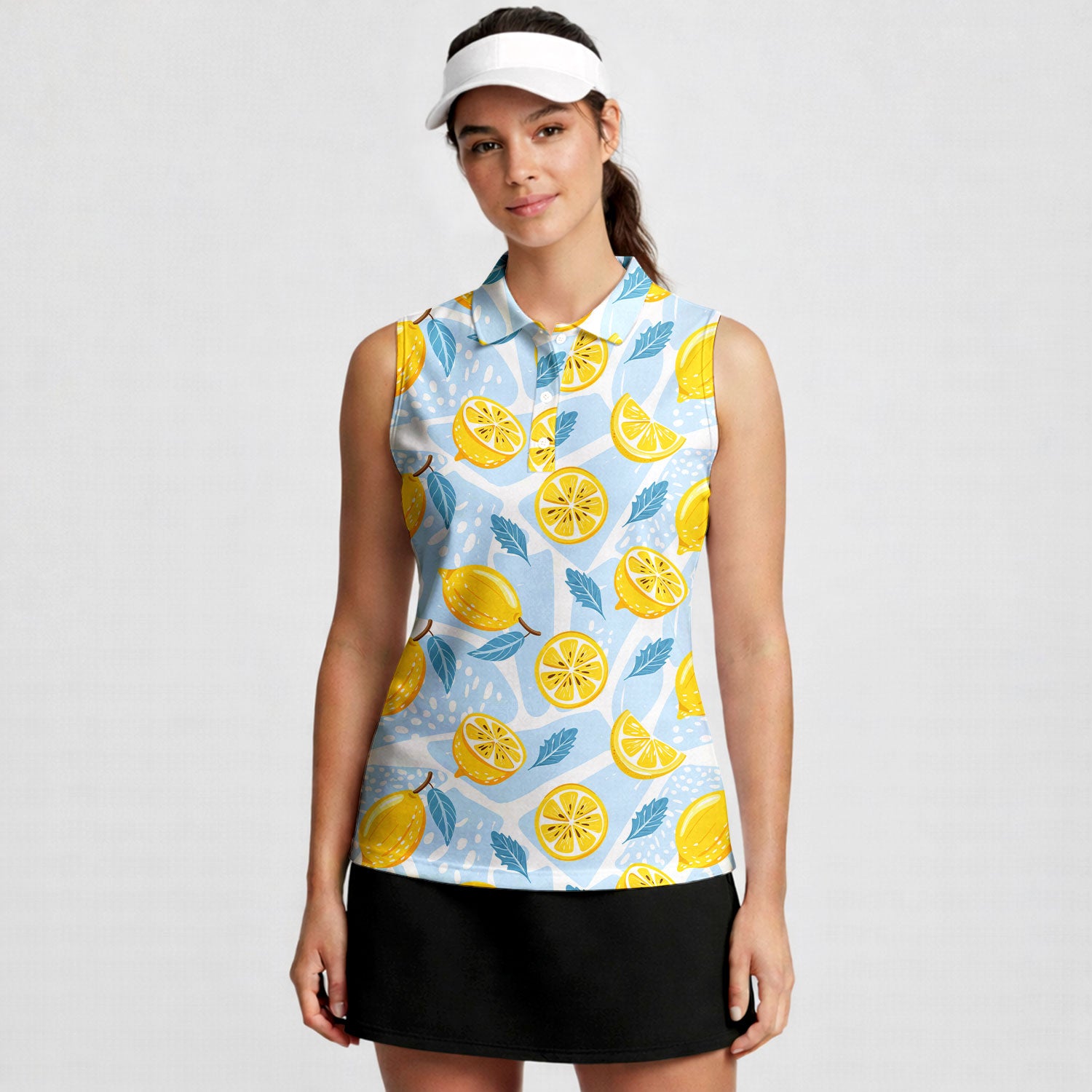 Blue Tropical Fresh Lemon With Mint Leaves-Women Sleeveless Polo Shirt-Gerbera Prints