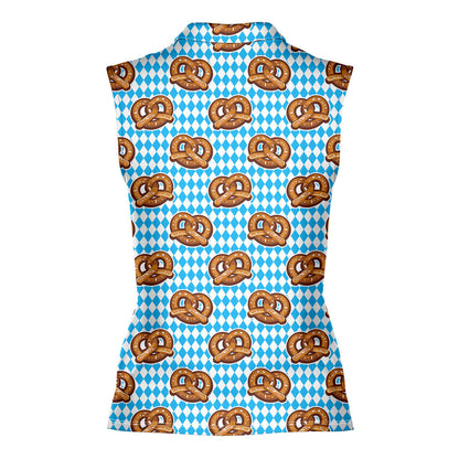 Oktoberfest Pretzels Blue Checkered - Ladies Sleeveless Golf Polo Shirt