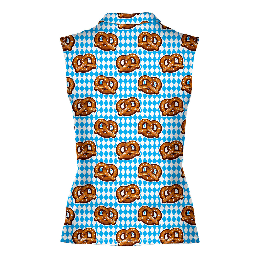 Oktoberfest Pretzels Blue Checkered-Women Sleeveless Polo Shirt-Gerbera Prints