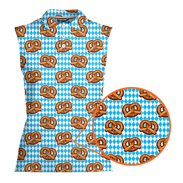 Oktoberfest Pretzels Blue Checkered - Ladies Sleeveless Golf Polo Shirt