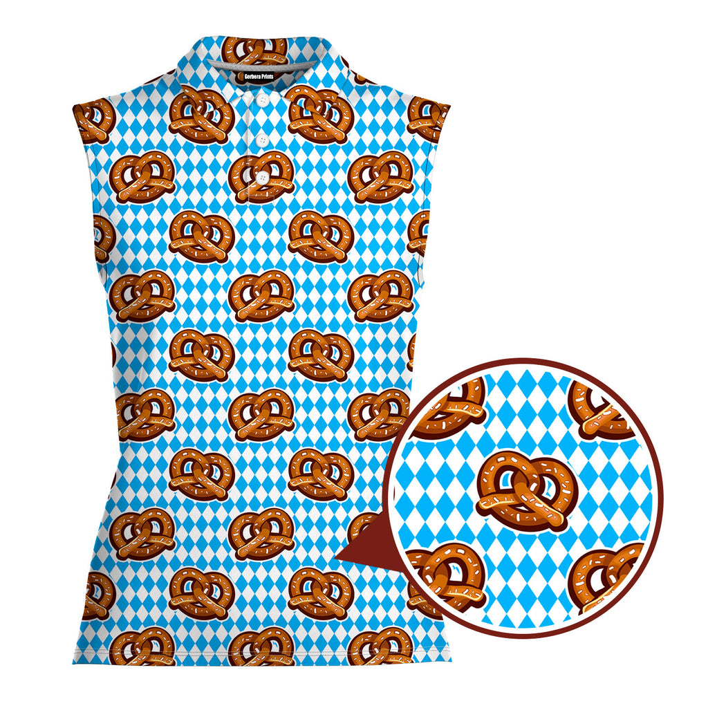 Oktoberfest Pretzels Blue Checkered-Women Sleeveless Polo Shirt-Gerbera Prints