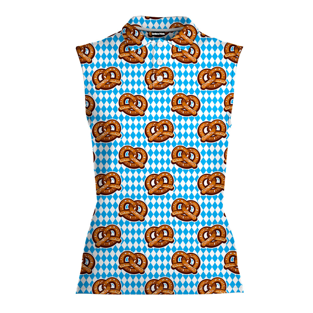 Oktoberfest Pretzels Blue Checkered-Women Sleeveless Polo Shirt-Gerbera Prints