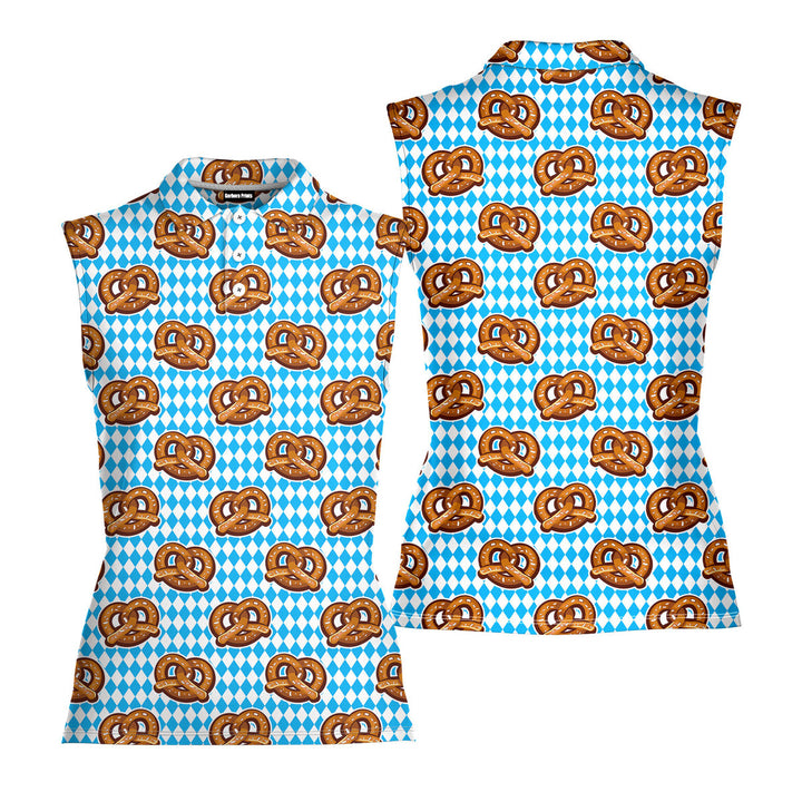 Oktoberfest Pretzels Blue Checkered - Ladies Sleeveless Golf Polo Shirt